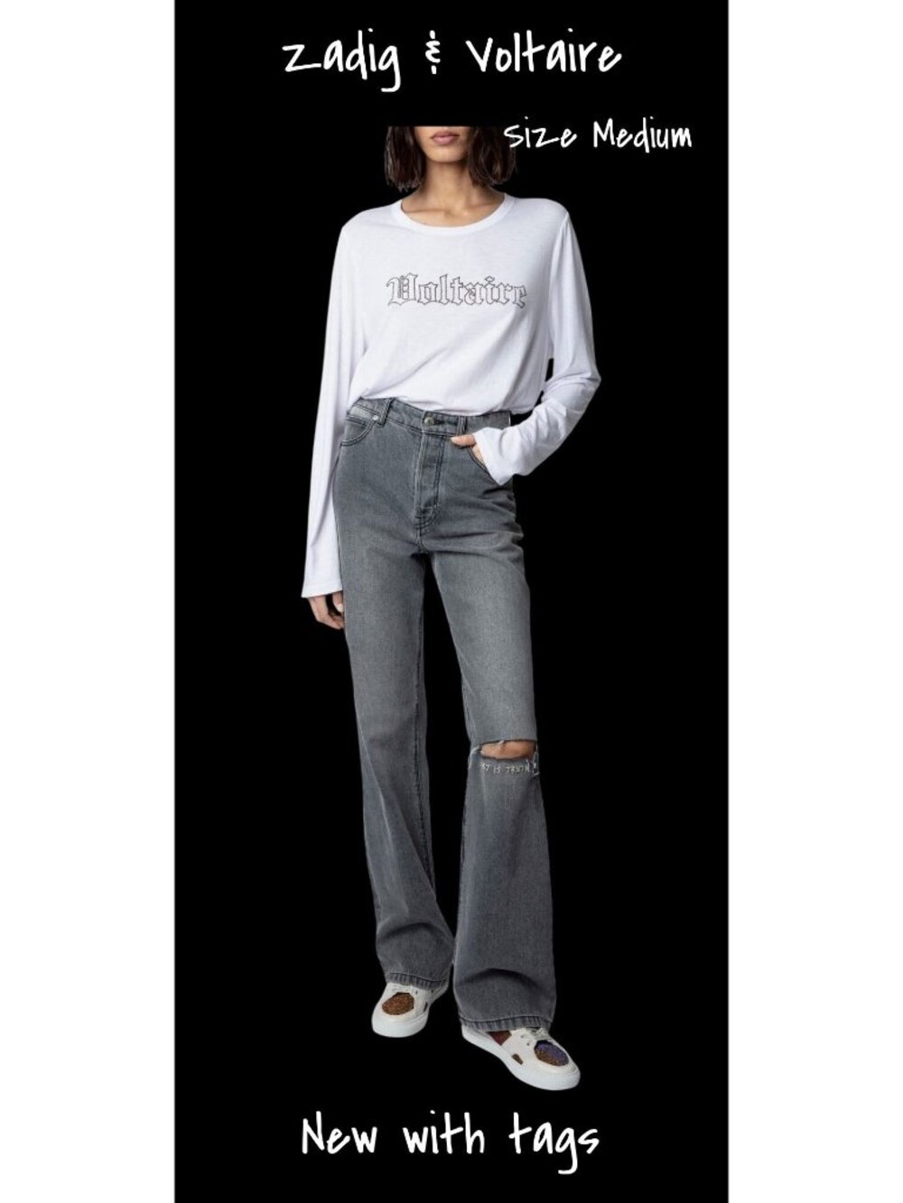Zadig & Voltaire Alea Beaded Logo Cotton White Top Medium New With Tag